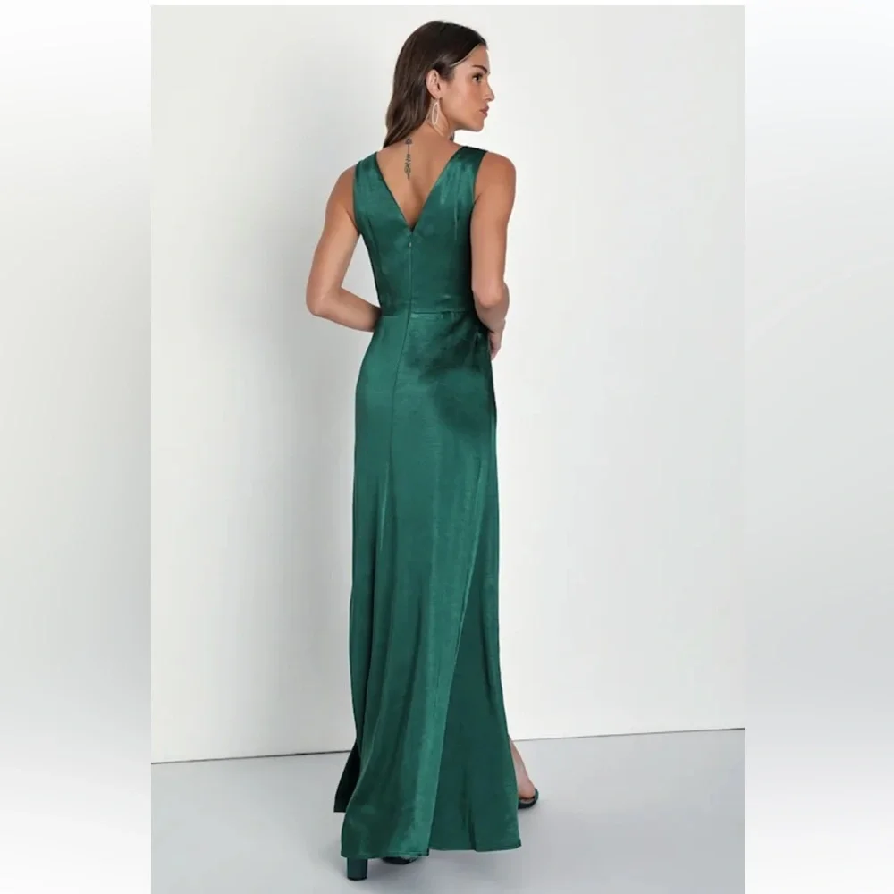 Lulus Perfect Refinement Emerald Satin Sleeveless Pleated Maxi Dress XL